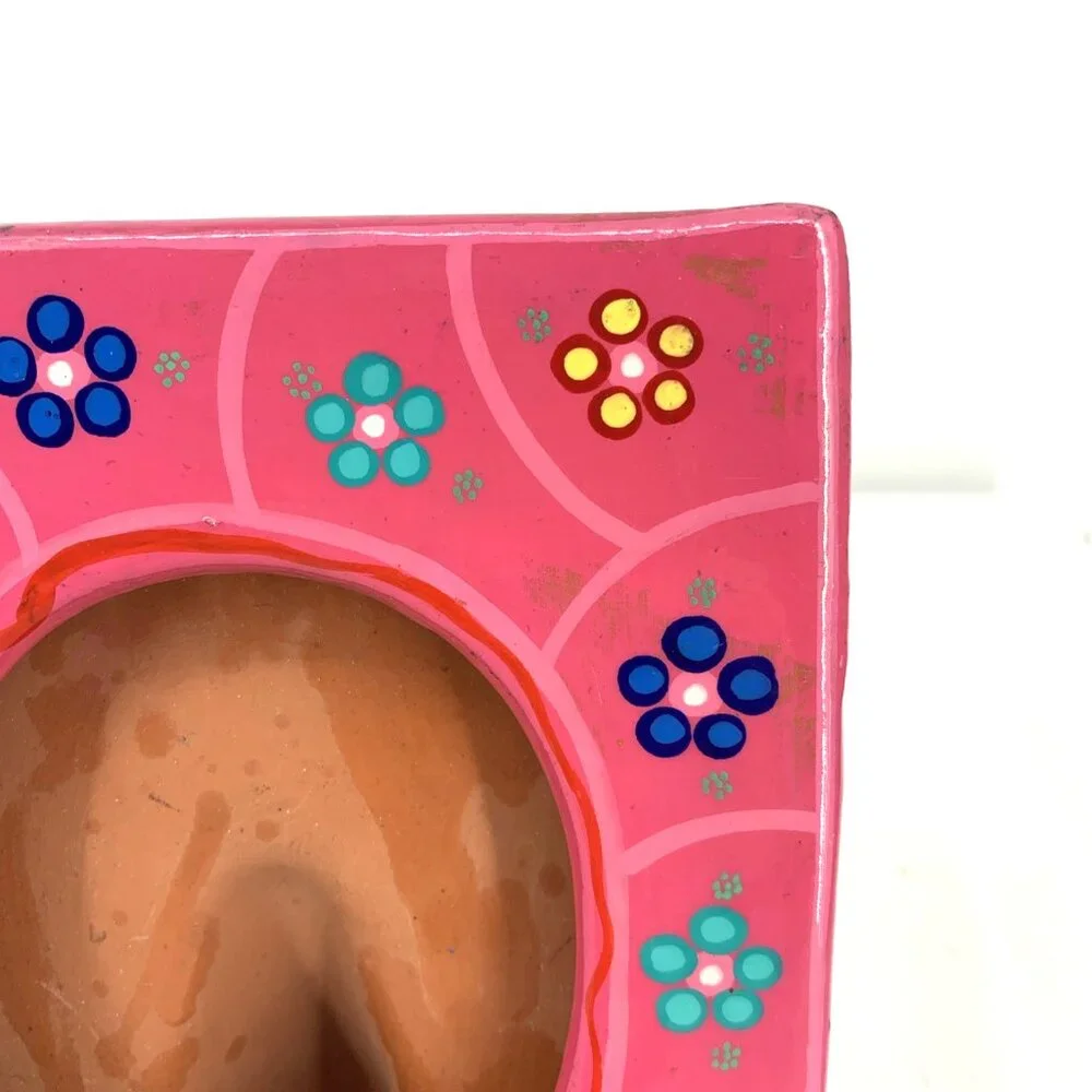 Mexican Terracotta Hand Painted Photo Frame Colorful Folk Art Ceramic 5 x 7